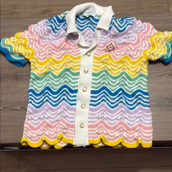 Pink and Yellow Scalloped Button Down Shirt - Picture 3 of 4